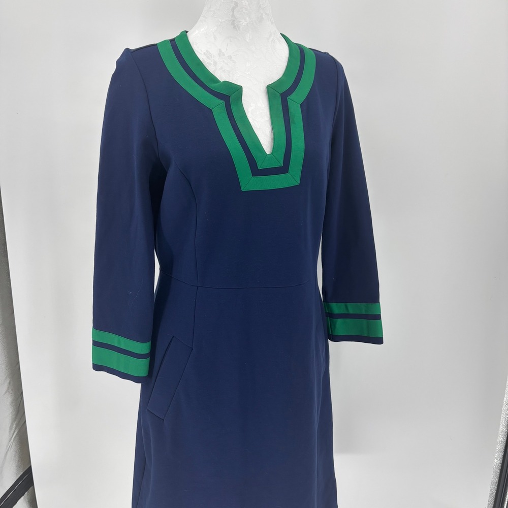 Preppy navy dress green trim Pinot shift pockets women size 8 mod country club